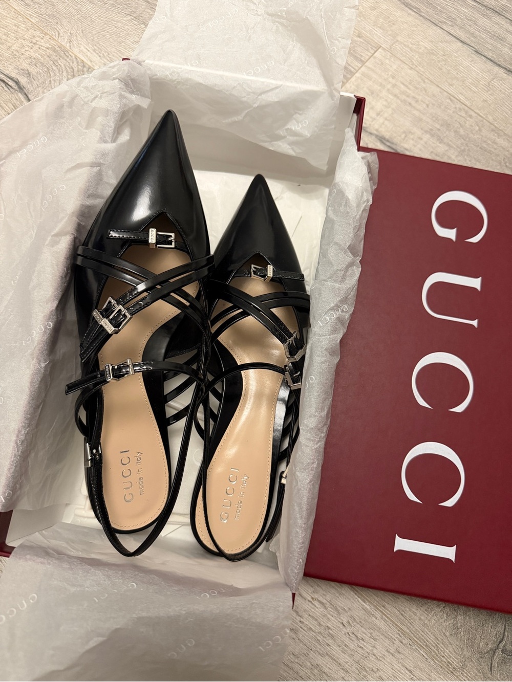 Gucci Black Patent Leather Pointed Slingback Flats with Strappy Buckles